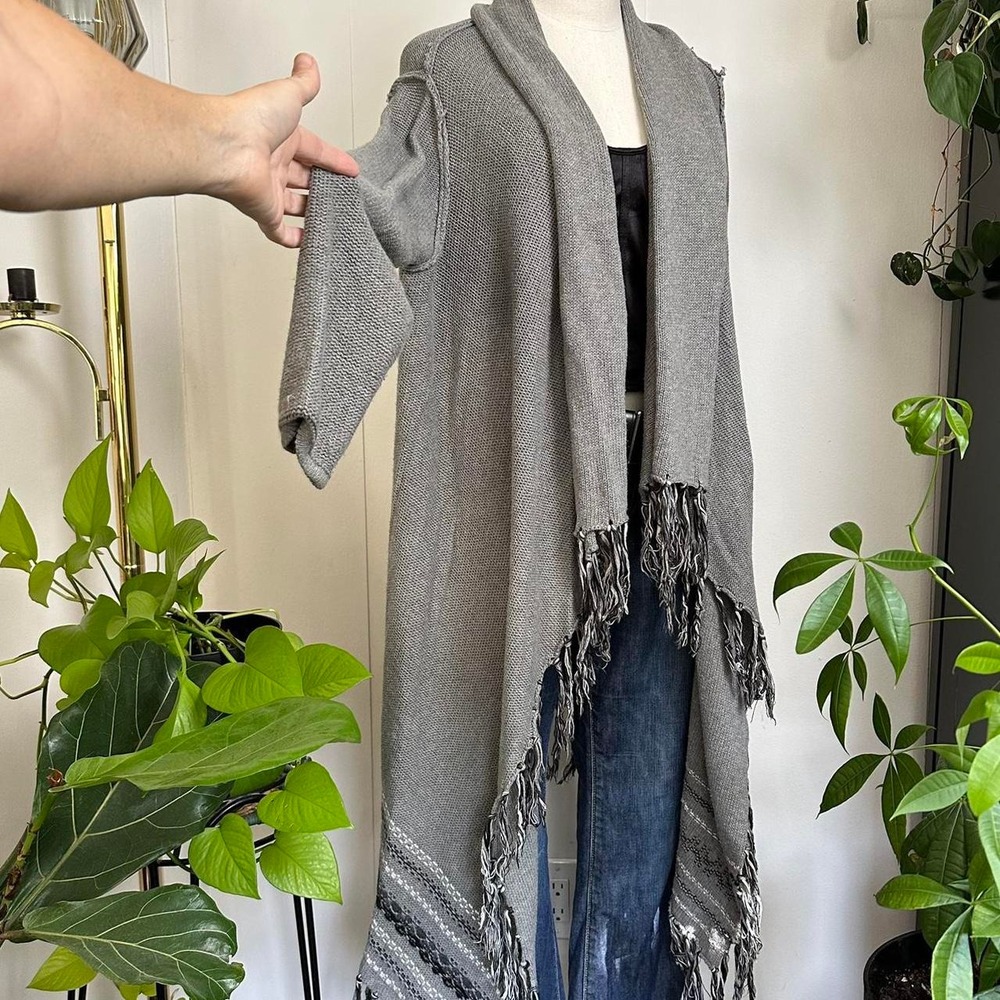 Cabi Grey Black Fringe Maxi Open Front Wrap Cardigan Duster Boho Cotton Medium